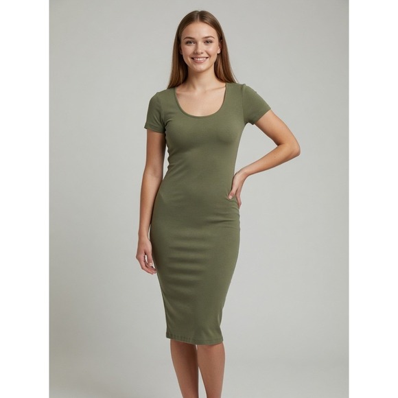 Marine Layer Dresses & Skirts - Marine Layer Lexi Rib Midi Dress Olive Green Scoop Neck Short Sleeve Size M
